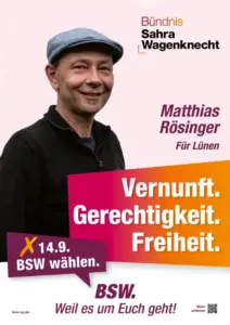 Das Bild zeigt den BSW-Kandiaten Matthias Rösinger, ein Mann mittleren Alters mit grauer Schlägermütze und schwarzem Hemd. Seine Schlagworte: Vernunft. Gerechtigkeit. Freiheit.