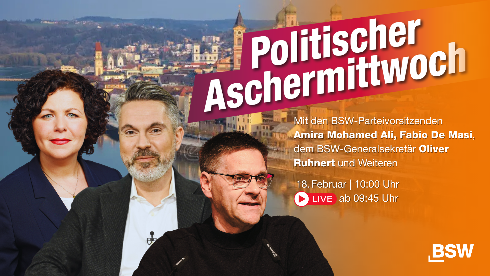 Politischer Aschermittwoch BSW: Amira Mohamed Ali, Fabio de Masi, Oliver Ruhnert