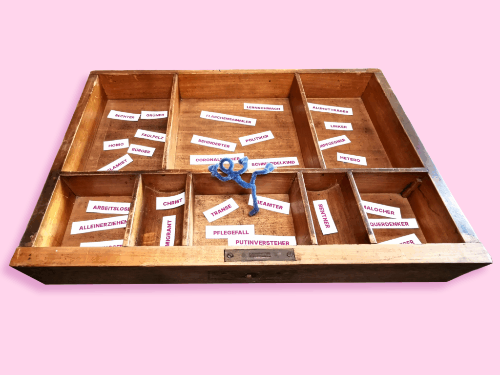 Alte Holzschublade mit Schlagworten wie rechts, links, Putinversteher, Pflegefall, Behinderter und einem Pfeifenreiniger-Männchen, das versucht, aus einem der acht Fächer in das nächste zu klettern.