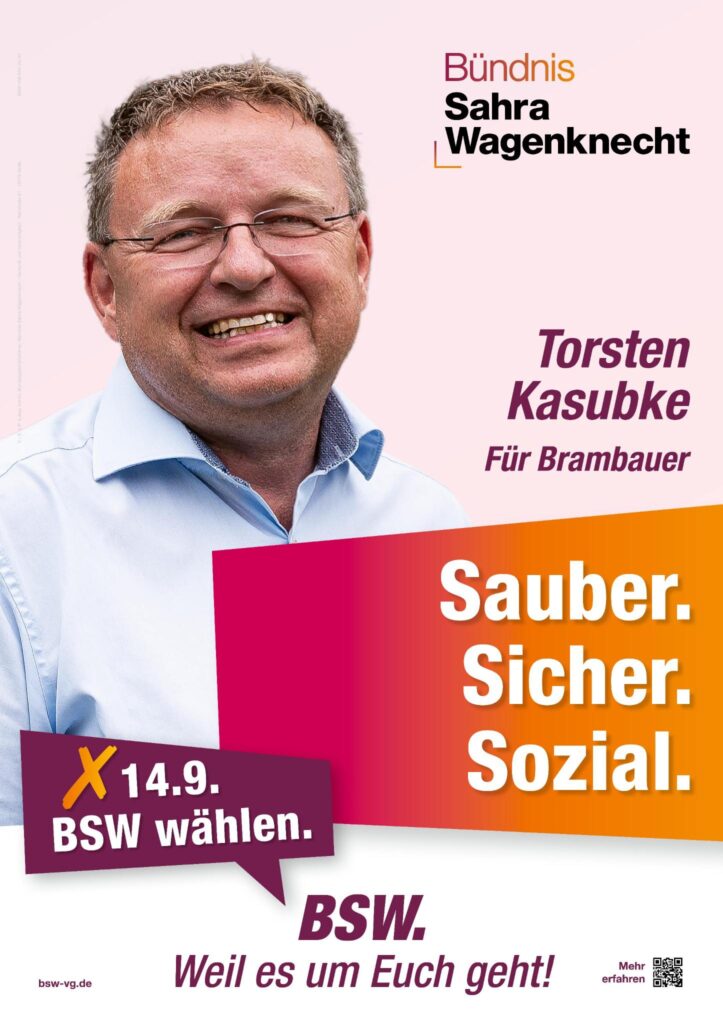 Das Bild zeigt BSW Spitzenkandidat Torsten Kasubke, ein blonder Mann mittleren Alters mit kurzen Haaren und Brille. Seine Schlagworte: Sauber. Sicher. Sozial.