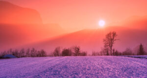 Sonnenuntergang in sanftem Dunst mit H&uuml;geln &uuml;ber einem Schneefeld, Farben von Orange am Himmel bis Violett auf dem Schneefeld. Am Ende des Feldes ist eine dunkle Baumreihe von kahlen Laubb&auml;umen zu sehen.